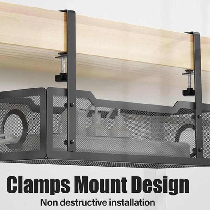 Adjustable Under Desk Storage Basket Drill Free Carbon Steel Hanging Organizer for Router Books - Black - 6