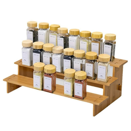 3 Tiers Spice Organizer Rack for Kitchen Countertop Multipurpose Storage Bamboo Display Shelf - 1