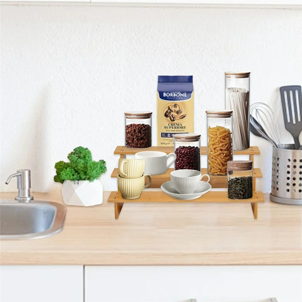 3 Tiers Spice Organizer Rack for Kitchen Countertop Multipurpose Storage Bamboo Display Shelf - 3