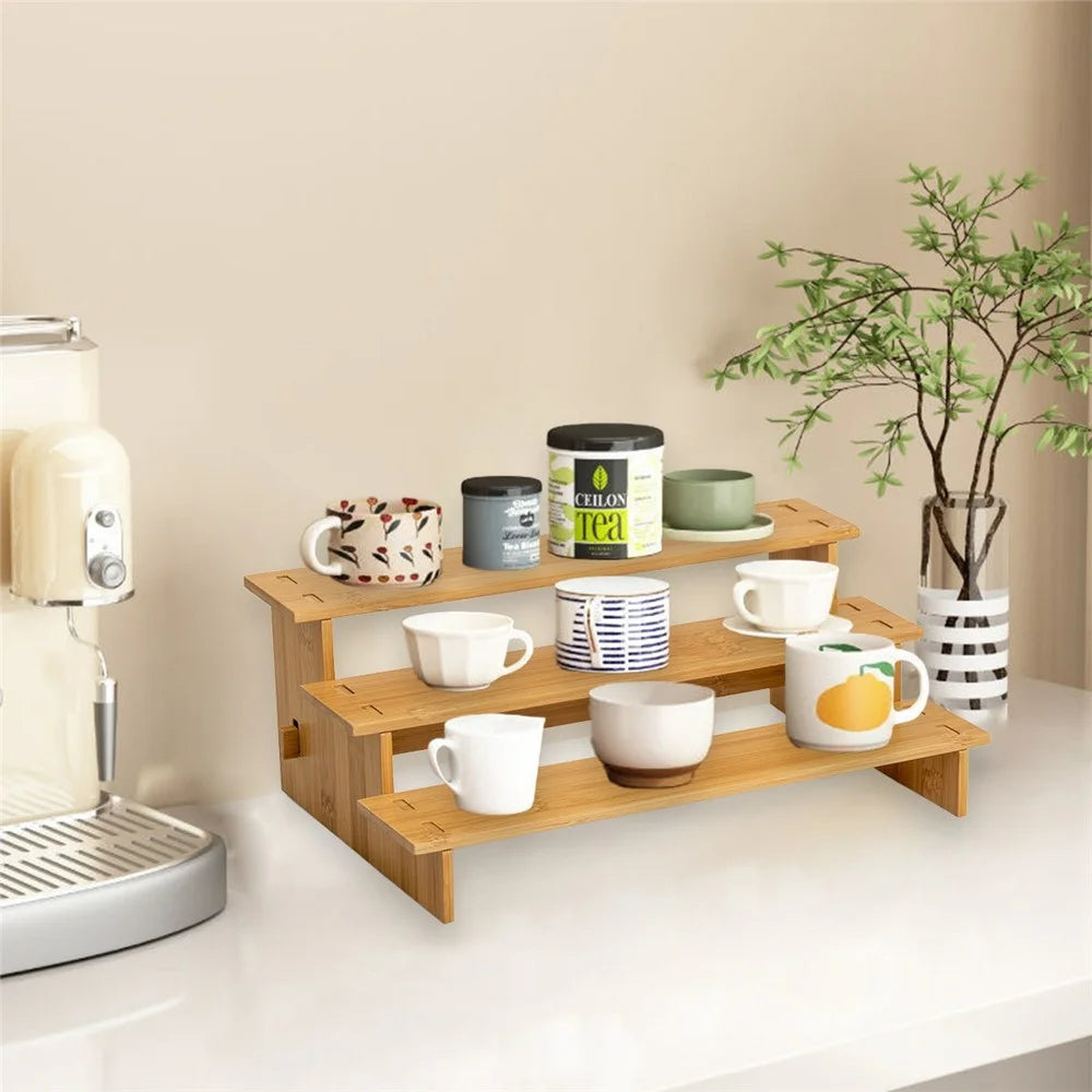 3 Tiers Spice Organizer Rack for Kitchen Countertop Multipurpose Storage Bamboo Display Shelf - 5