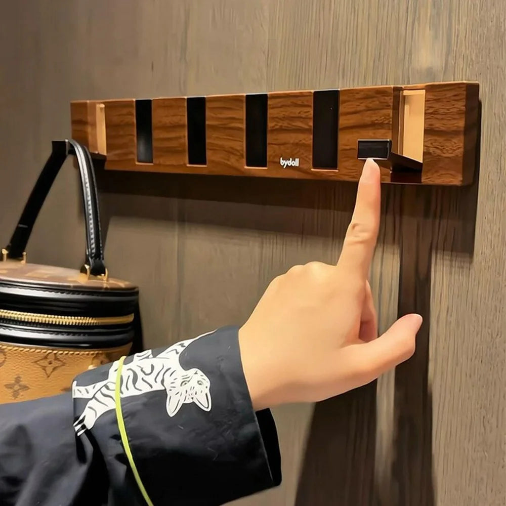 Wall Mounted Folding Hooks / Hanger Rack No Drill Heavy Duty Space Saving for Door / Kitchen / Closet / Bathroom - Walnut - 3
