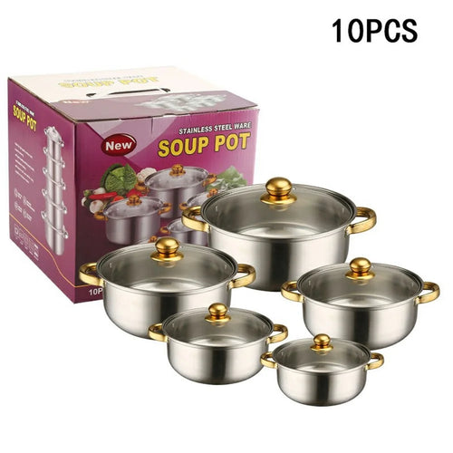 5PCS Stainless Steel Stock Pots Set 18-26cm Steamer Soup Pots with 5PCS Glass Lids - Silver+Gold - 1