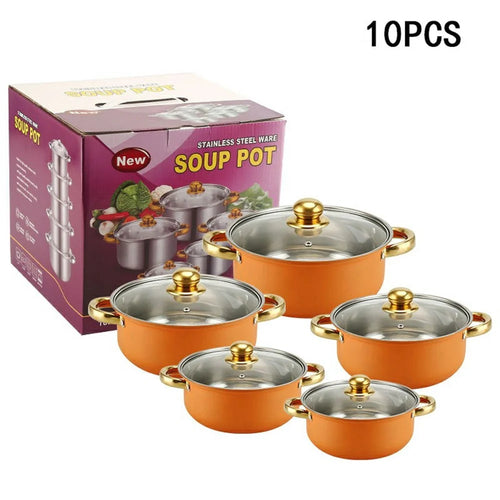 5PCS Stainless Steel Soup Pot Steamer Set 18-26cm Stock Pots with 5PCS Glass Lids for Home  /  Hotel  /  Restaurant - Orange - 1