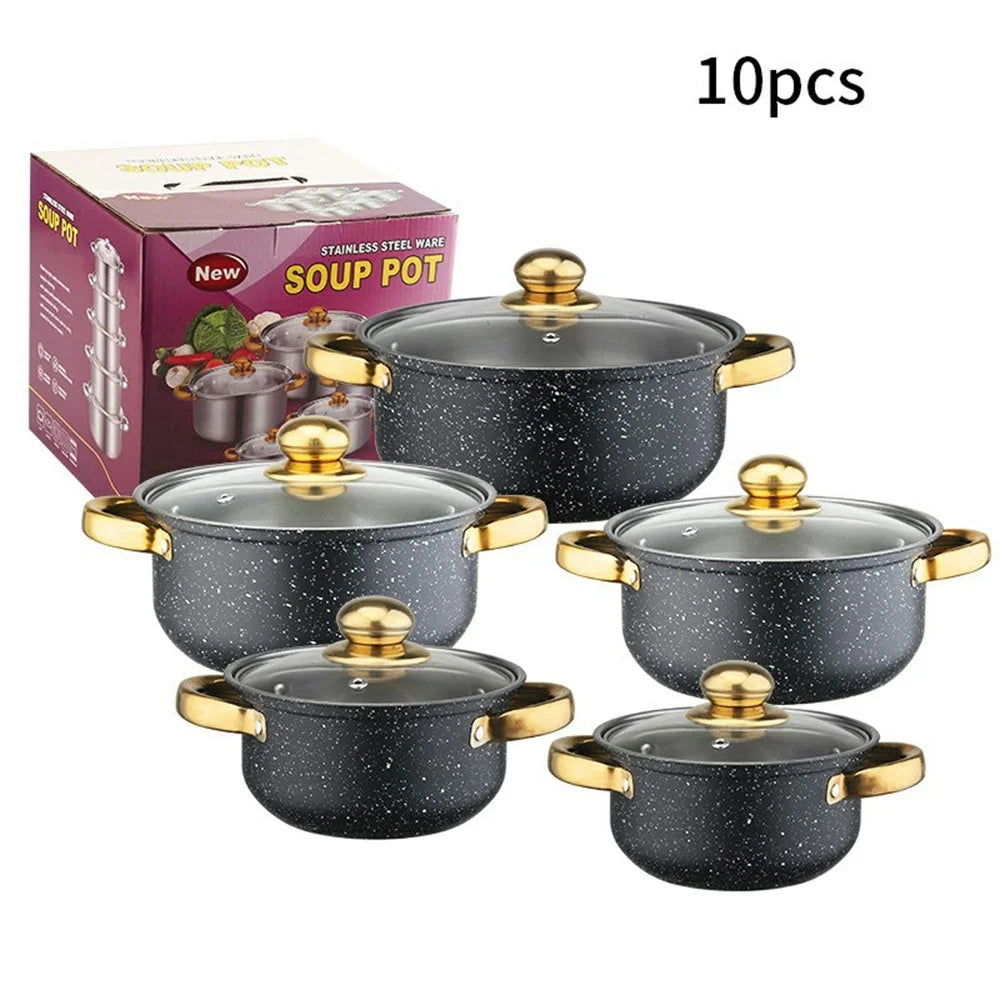 5PCS Stainless Steel Cookware Set 18-26 cm Soup Pot Steamer, Maifanite Outer Coating with 5PCS Glass Lids - Speckled Black - 1
