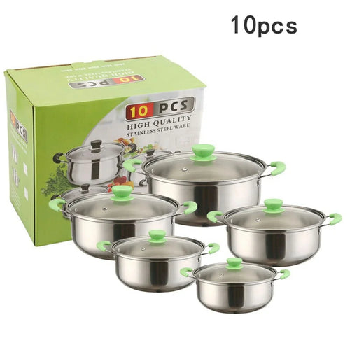 5PCS Stainless Steel Cookware Set 18-26cm Milk Pot Soup Pot Steamer with 5PCS Glass Lids - Green - 1