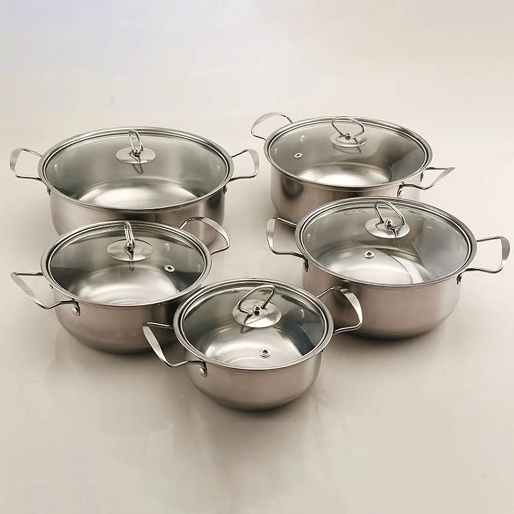 5PCS Stainless Steel Cookware Set Soup Pot Steamer Wire Handle (18 / 20 / 22 / 24 / 26cm) with 5PCS Glass Lids - Silver - 2