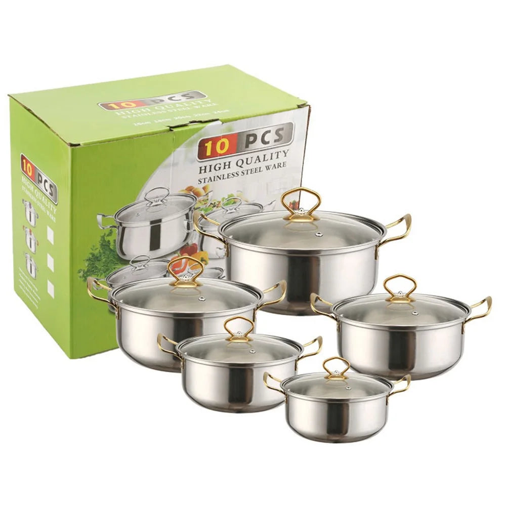 5PCS Stainless Steel Cookware Set 18-26cm Soup Pot Steamer Gold Handle with 5PCS Glass Lids - 1