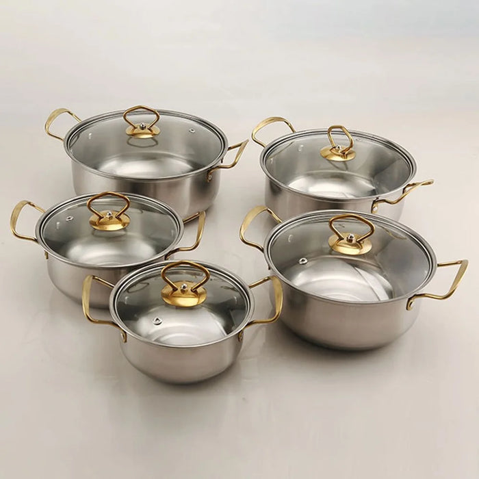 5PCS Stainless Steel Cookware Set 18-26cm Soup Pot Steamer Gold Handle with 5PCS Glass Lids - 2