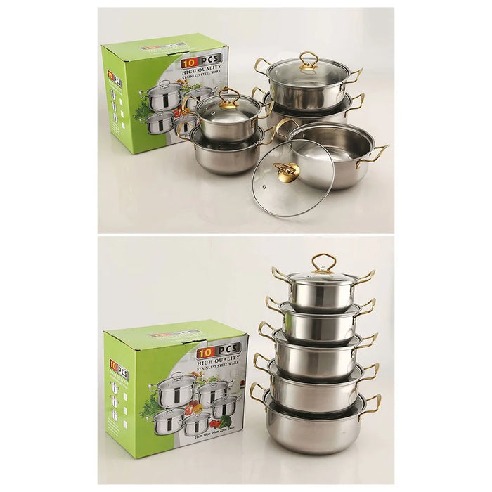 5PCS Stainless Steel Cookware Set 18-26cm Soup Pot Steamer Gold Handle with 5PCS Glass Lids - 5