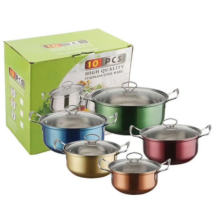 5PCS Stainless Steel Cookware Set Wire Handle 18-26cm Colorful Soup Pots Steamer with 5PCS Glass Lids - 1