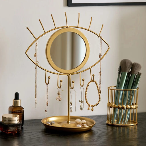 Eye-Shaped Display Stand with Mirror Jewelry Organizer Tray Nordic Style Golden Wrought Iron Storage Holder for Makeup Counter - 1