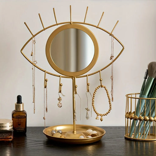 Eye-Shaped Display Stand with Mirror Jewelry Organizer Tray Nordic Style Golden Wrought Iron Storage Holder for Makeup Counter - 2