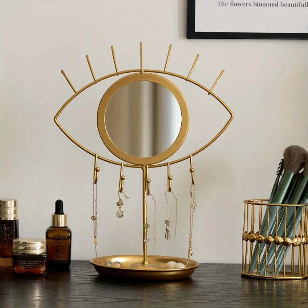 Eye-Shaped Display Stand with Mirror Jewelry Organizer Tray Nordic Style Golden Wrought Iron Storage Holder for Makeup Counter - 3