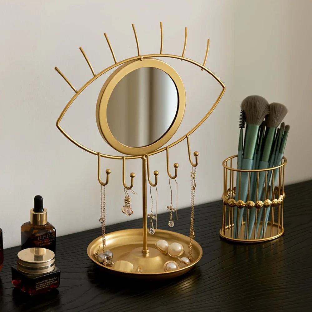 Eye-Shaped Display Stand with Mirror Jewelry Organizer Tray Nordic Style Golden Wrought Iron Storage Holder for Makeup Counter - 4