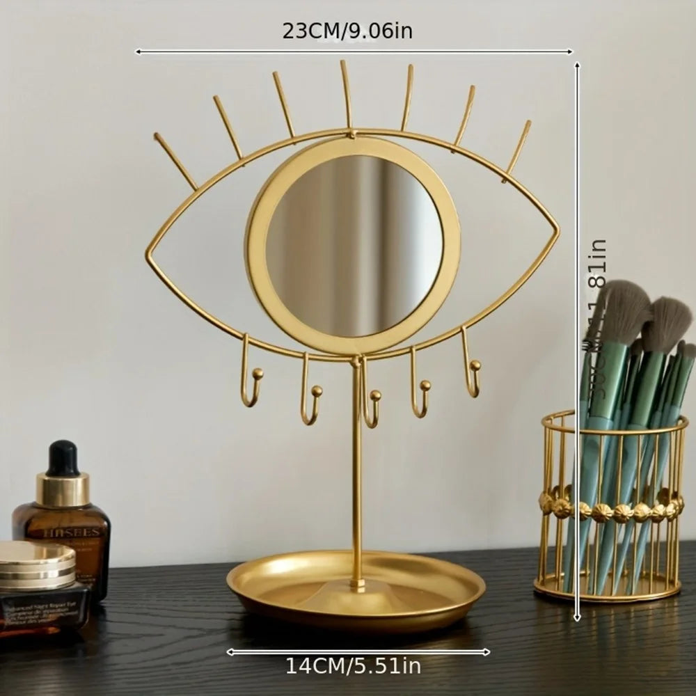 Eye-Shaped Display Stand with Mirror Jewelry Organizer Tray Nordic Style Golden Wrought Iron Storage Holder for Makeup Counter - 5
