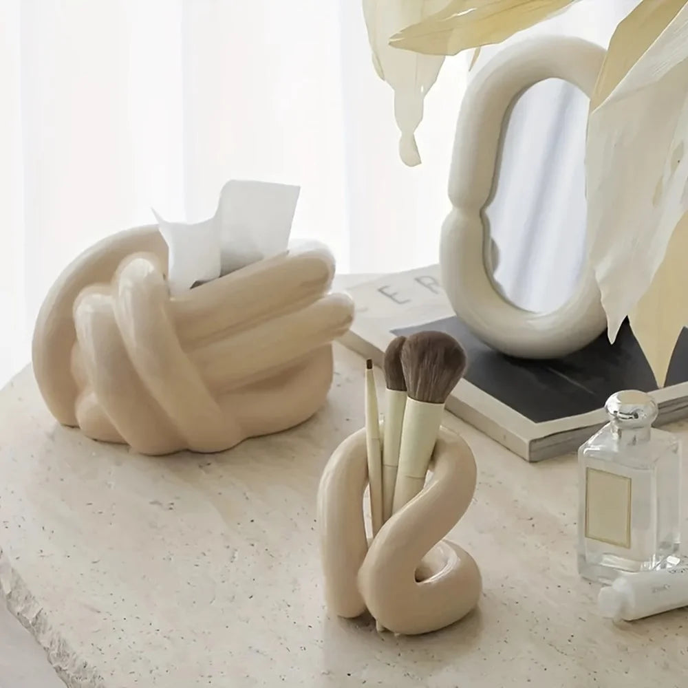 Modern Art Ceramic Organizer Knot Design Makeup Brush Toothbrush Holder Bathroom Storage Rack Decor - White - 5