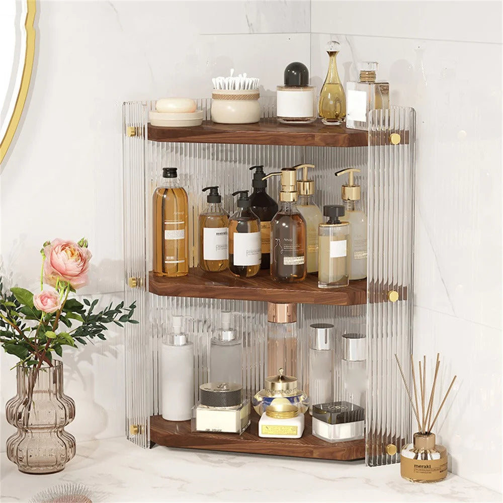 Wooden Corner Shelf 3-Tier Bathroom Countertop Organizer Cosmetic Storage Rack for Washroom / Vanity - 1