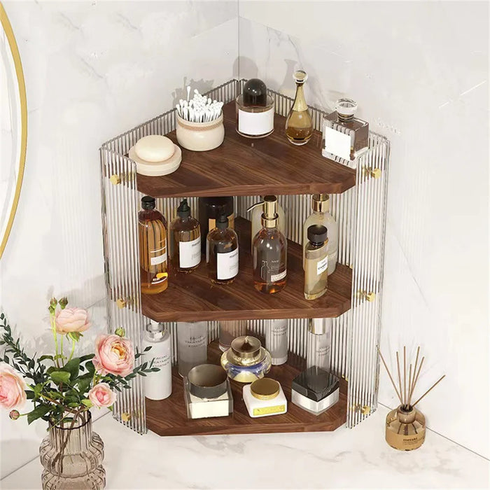 Wooden Corner Shelf 3-Tier Bathroom Countertop Organizer Cosmetic Storage Rack for Washroom / Vanity - 4