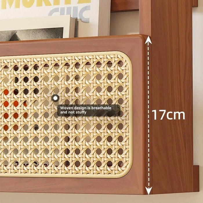 60cm Wall Mounted Wooden Storage Shelf Rattan Magazine Rack for Study Room Living Room Organizer - 2