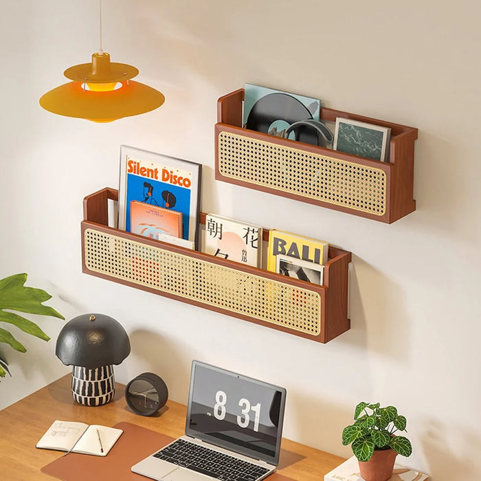 60cm Wall Mounted Wooden Storage Shelf Rattan Magazine Rack for Study Room Living Room Organizer - 4