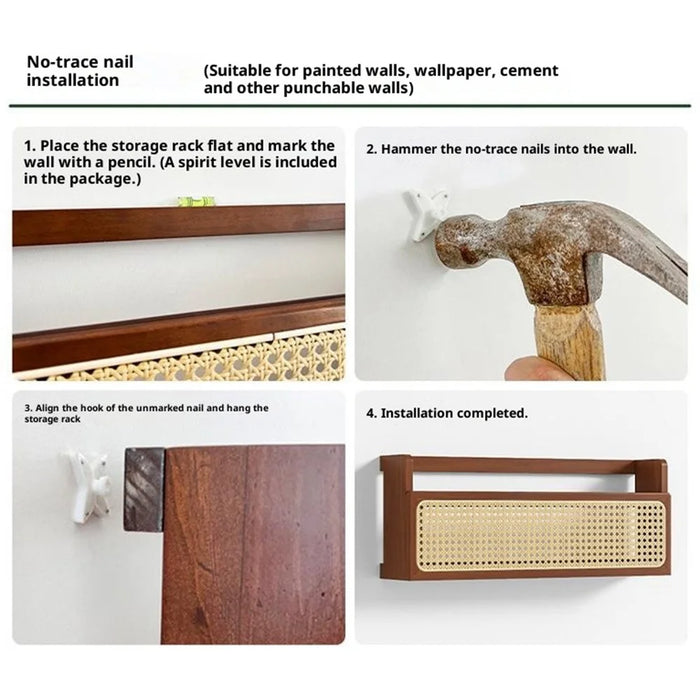 90cm Wall Mounted Wooden Storage Shelf Rattan Magazine Rack for Study Room Living Room Organizer - 7