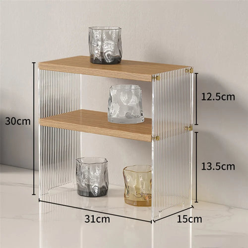 2 Tiers Cup Holder Desk Organizer Transparent Acrylic Wooden Board Storage Rack Multi Purpose Tissue Stand - 1