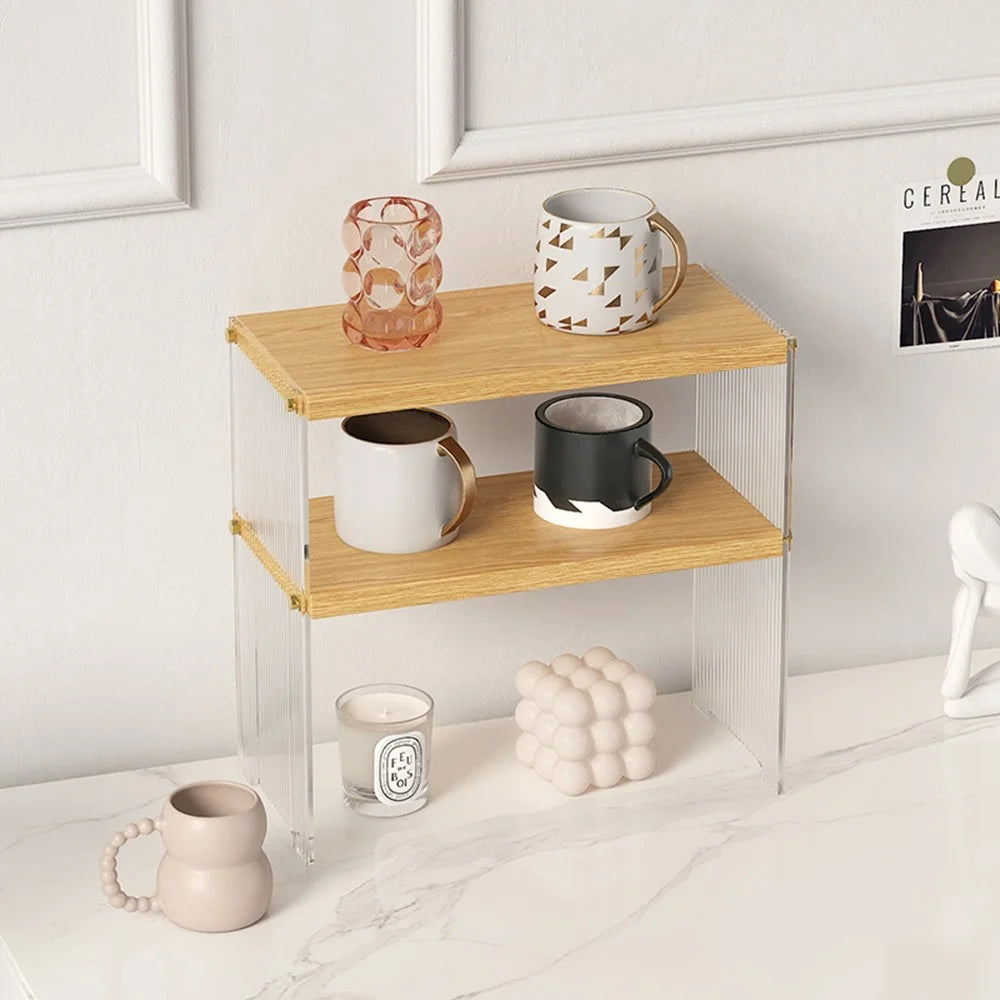 2 Tiers Cup Holder Desk Organizer Transparent Acrylic Wooden Board Storage Rack Multi Purpose Tissue Stand - 2