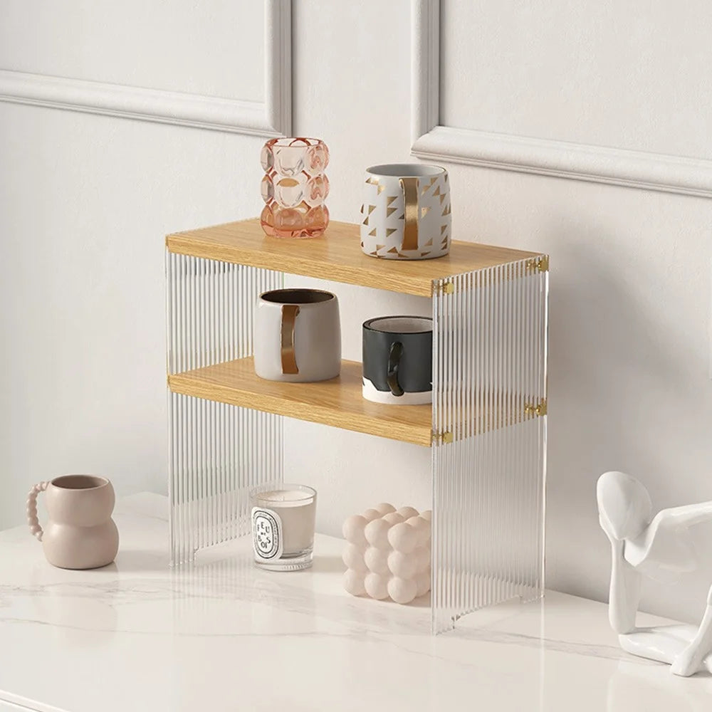 2 Tiers Cup Holder Desk Organizer Transparent Acrylic Wooden Board Storage Rack Multi Purpose Tissue Stand - 3