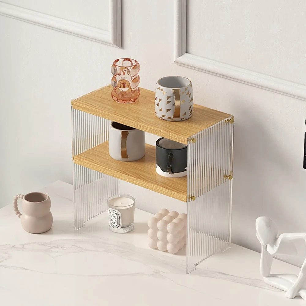 2 Tiers Cup Holder Desk Organizer Transparent Acrylic Wooden Board Storage Rack Multi Purpose Tissue Stand - 4