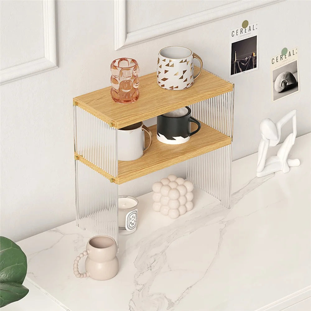 2 Tiers Cup Holder Desk Organizer Transparent Acrylic Wooden Board Storage Rack Multi Purpose Tissue Stand - 5