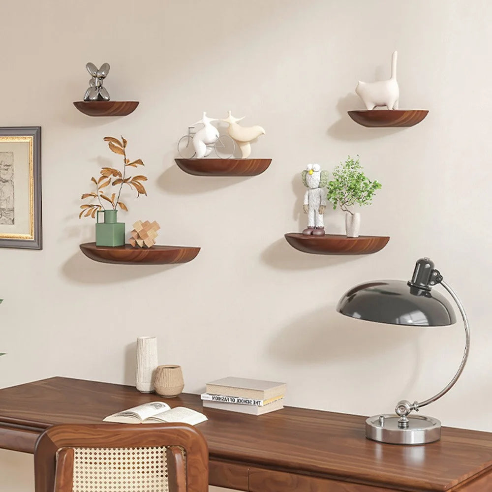 22cm Semicircle Wooden Wall Shelf Nordic Decorative Floating Shelf for Living Room Storage Rack - Walnut - 2