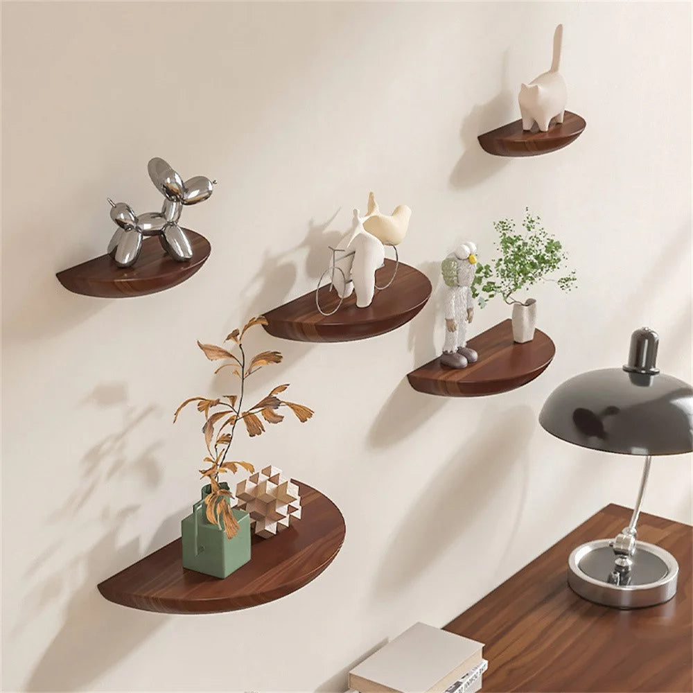 22cm Semicircle Wooden Wall Shelf Nordic Decorative Floating Shelf for Living Room Storage Rack - Walnut - 3