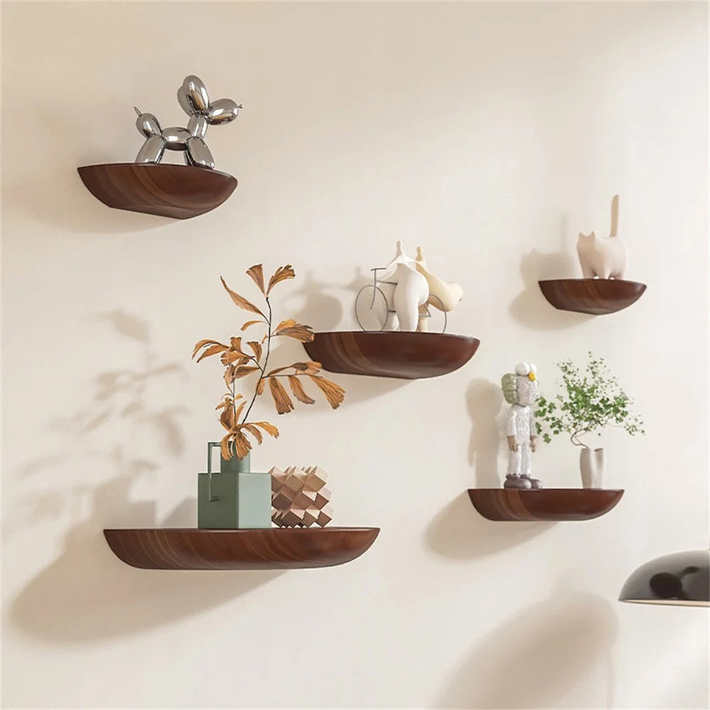 28cm Semicircle Wooden Wall Shelf Nordic Decorative Floating Shelf for Living Room Storage Rack - Walnut - 4