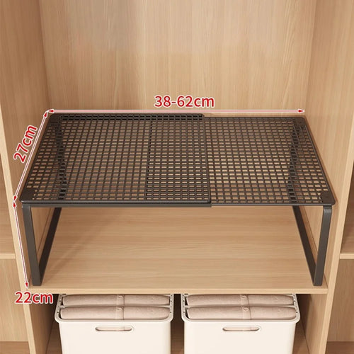 38-62cm Expandable Closet Organizer Shelf Pull-Out Partition Clothes Storage Holder for Space Saving - Black - 1