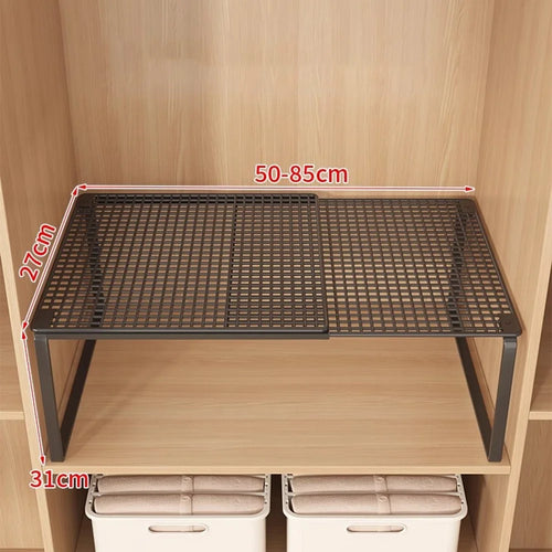 50-85cm Expandable 31cm Height Closet Organizer Shelf Pull-Out Partition Clothes Storage Holder for Space Saving - Black - 1