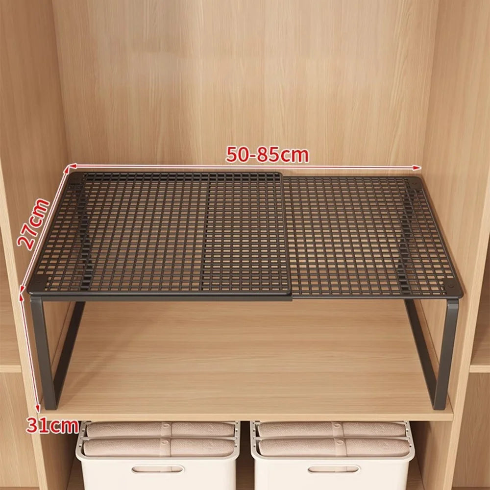 50-85cm Expandable 31cm Height Closet Organizer Shelf Pull-Out Partition Clothes Storage Holder for Space Saving - Black - 1