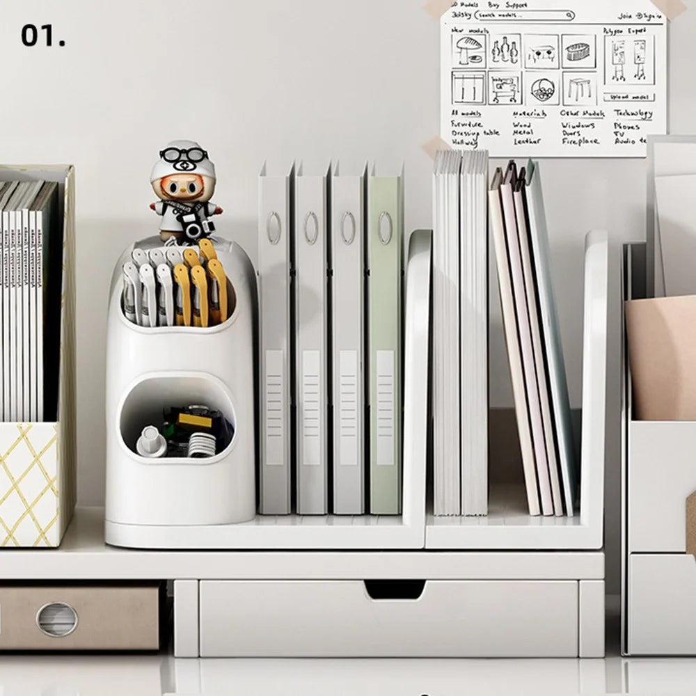 2 Dividers Bookshelf Desk Organizer with Pen Holder Desktop Storage Rack for Books Stationery - 2