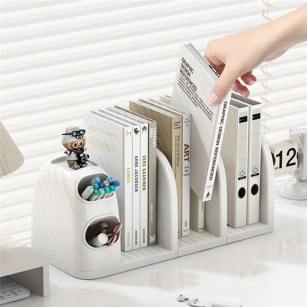 3 Dividers Bookshelf Desk Organizer with Pen Holder Desktop Storage Rack for Books Stationery - 2