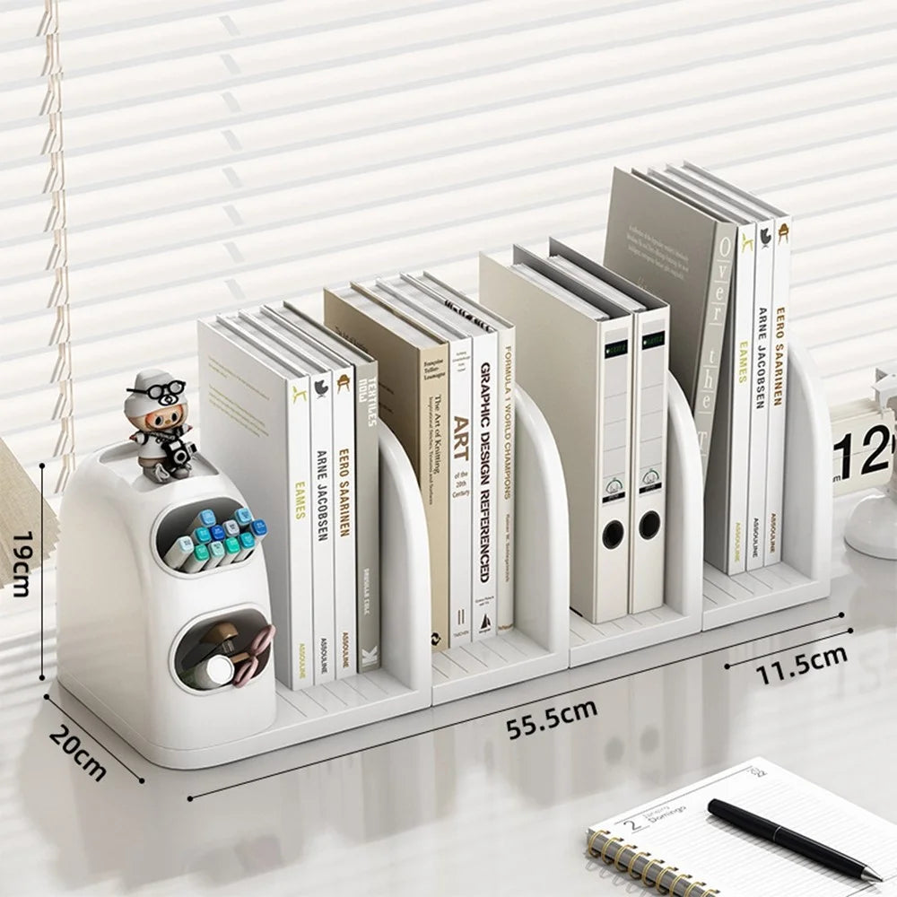 4 Dividers Bookshelf Desk Organizer with Pen Holder Desktop Storage Rack for Books Stationery - 2
