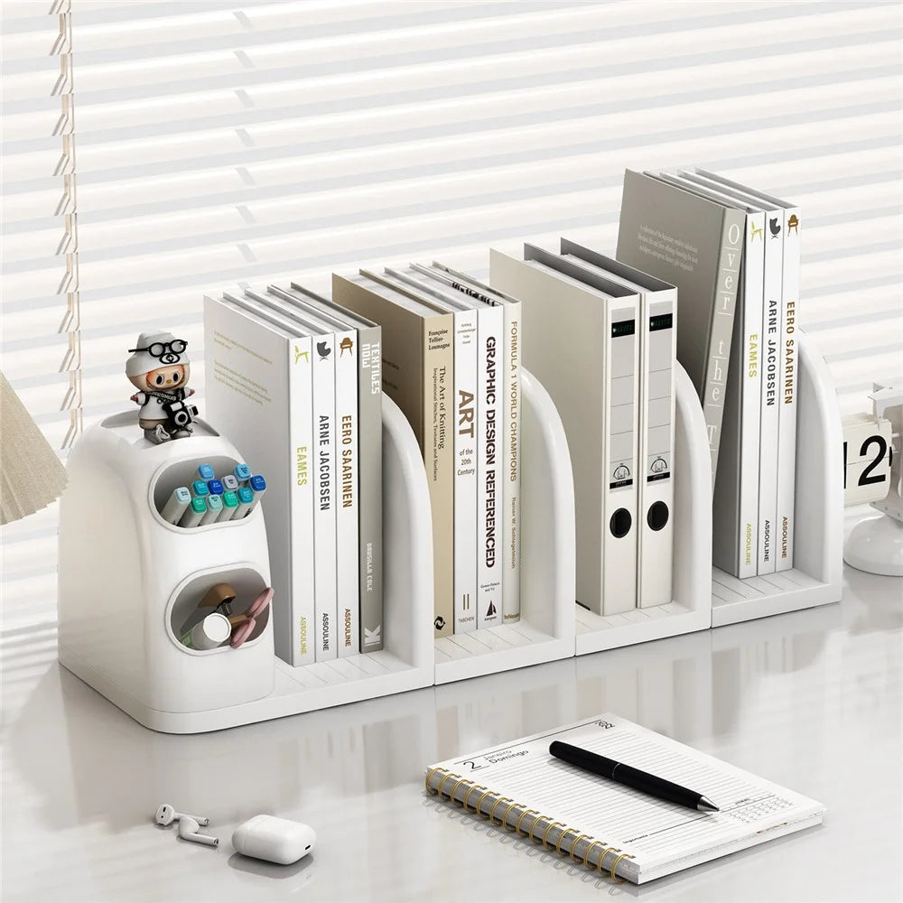 4 Dividers Bookshelf Desk Organizer with Pen Holder Desktop Storage Rack for Books Stationery - 4