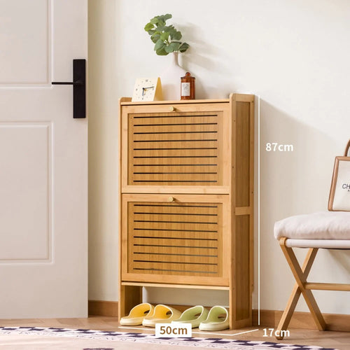 2-Tier 50cm Length Vintage Ultra Thin Shoe Cabinet Entryway Storage Rack Flip-Down Door Space Saving for Home - Burlywood - 1