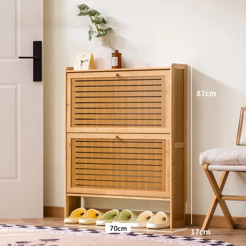 2-Tier 70cm Length Vintage Ultra Thin Shoe Cabinet Entryway Storage Rack Flip-Down Door Space Saving for Home - Burlywood - 1