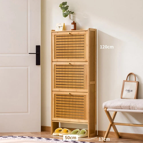 3-Tier 50cm Length Vintage Ultra Thin Shoe Cabinet Entryway Storage Rack Flip-Down Door Space Saving for Home - Burlywood - 1