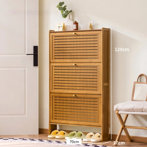 3-Tier 70cm Length Vintage Ultra Thin Shoe Cabinet Entryway Storage Rack Flip-Down Door Space Saving for Home - Brown - 1