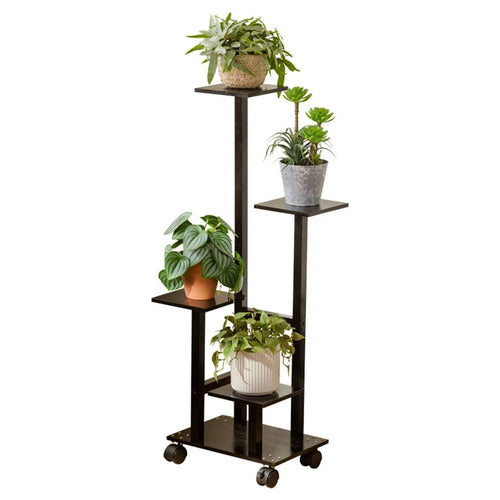 Bamboo Plant Stand Rolling Flower Pot Holder Multi-Tier Indoor / Outdoor Display Shelf with Wheels for Living Room / Balcony - Black - 1