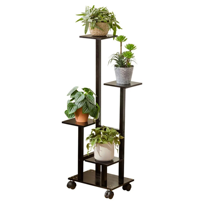 Bamboo Plant Stand Rolling Flower Pot Holder Multi-Tier Indoor / Outdoor Display Shelf with Wheels for Living Room / Balcony - Black - 1