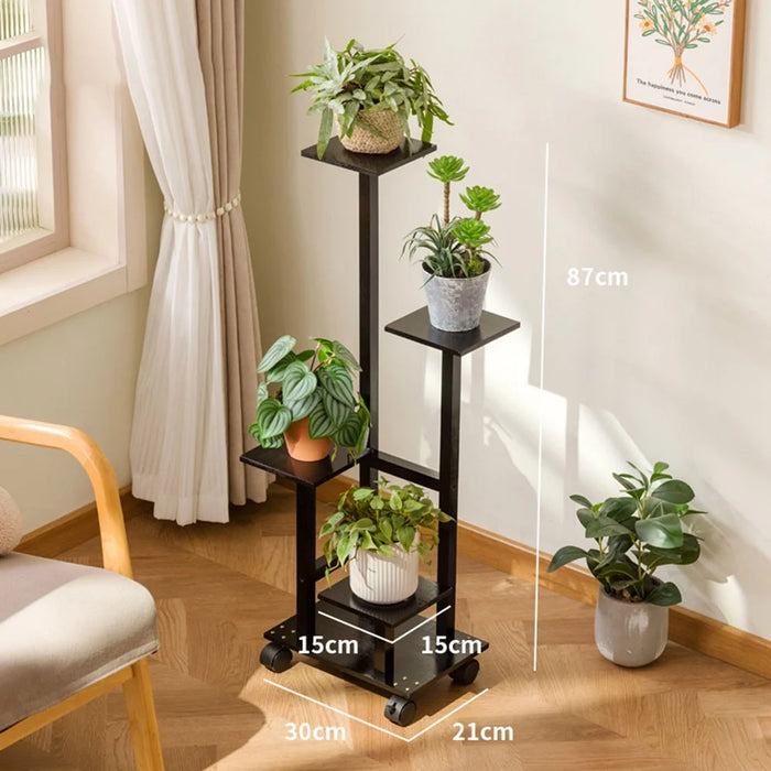 Bamboo Plant Stand Rolling Flower Pot Holder Multi-Tier Indoor / Outdoor Display Shelf with Wheels for Living Room / Balcony - Black - 2