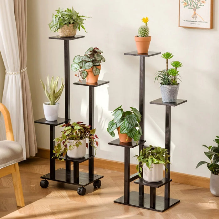 Bamboo Plant Stand Rolling Flower Pot Holder Multi-Tier Indoor / Outdoor Display Shelf with Wheels for Living Room / Balcony - Black - 3
