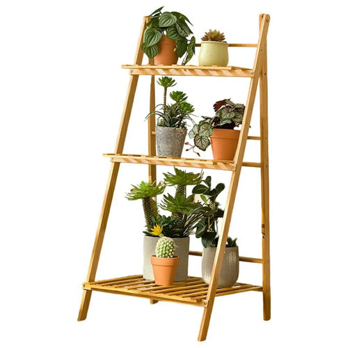 50cm Length Folding 3-Tier Wooden Plant Stand Flower Rack Indoor Balcony Storage Shelf Ladder Display - 1
