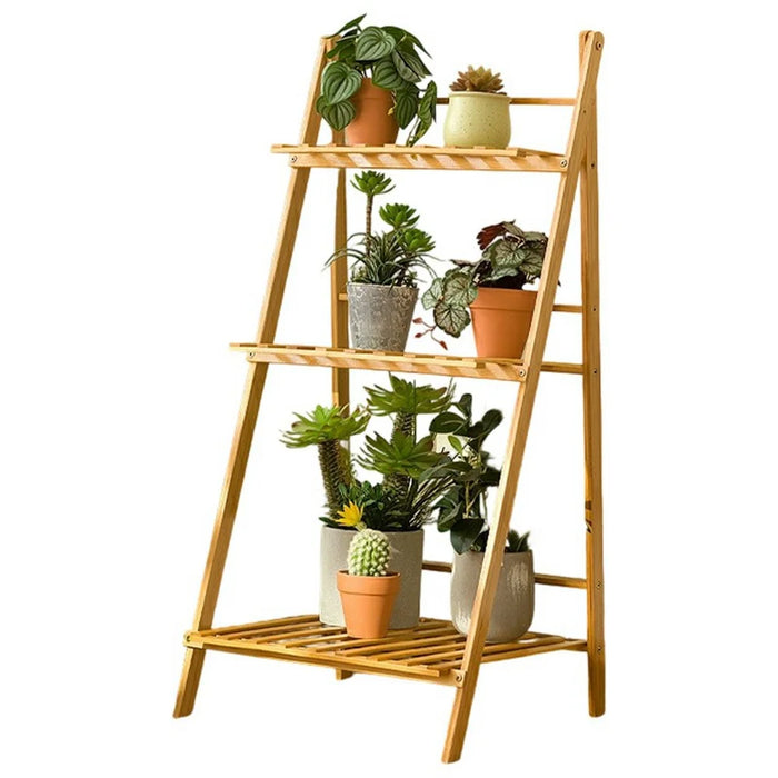 50cm Length Folding 3-Tier Wooden Plant Stand Flower Rack Indoor Balcony Storage Shelf Ladder Display - 1